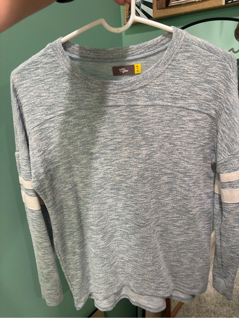 Umi Light Blue Heather Crewneck Sweater with White Sleeve Stripes